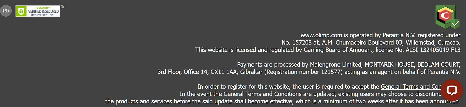 Официальная информация о лицензии и юридических лицах, тоже зарегистрированных в офшоре, у Олимпбета приводится в нижней части основных страниц
